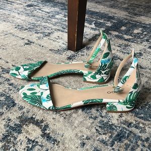 ALDO palm leaf print ankle strap heel